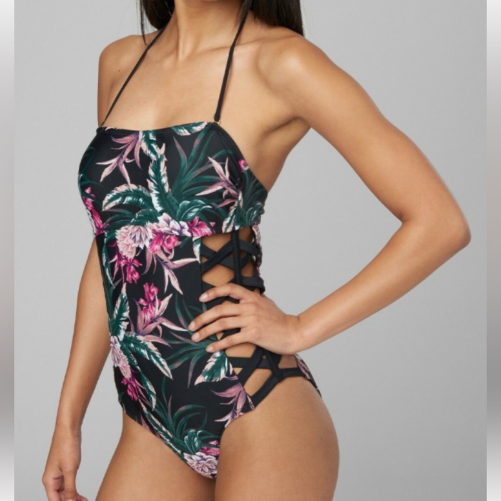 bebe Black Floral Lace-Up One-Piece Swimsuit with Pink & Green Print